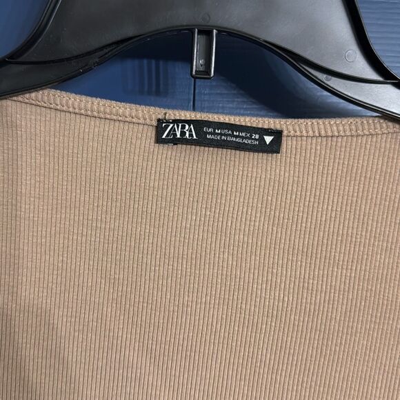 Zara Square Neck Ribbed Cropped Ling Sleeve Top Tan Size M - Picture 3 of 5